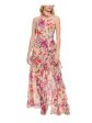 ELIZA J Womens Pink Zippered Ruffled Tie Closure At Back Floral Sleeveless Halter Maxi Party Fit + Flare Dress Online Sale