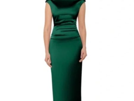 BETSY & ADAM Womens Green Pleated Zippered V-back Fitted Back Slit Sleeveless Boat Neck Midi Cocktail Sheath Dress Online