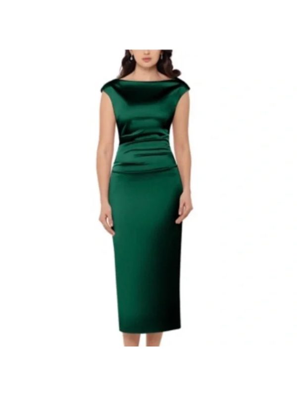 BETSY & ADAM Womens Green Pleated Zippered V-back Fitted Back Slit Sleeveless Boat Neck Midi Cocktail Sheath Dress Online