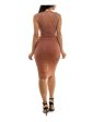 BEBE Womens Brown Ruched Lined Illusion-detail Sleeveless Round Neck Below The Knee Party Body Con Dress For Cheap