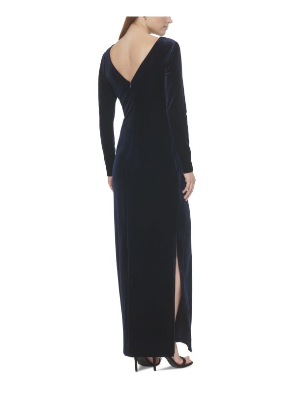 ELIZA J Womens Navy Zippered Lined Gathered Waist Long Sleeve Surplice Neckline Full-Length Evening Gown Dress Discount