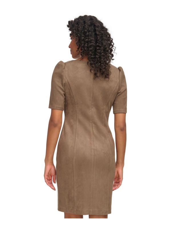 DKNY Womens Beige Zippered Faux-suede Pouf Sleeve Round Neck Above The Knee Wear To Work Sheath Dress Online Hot Sale