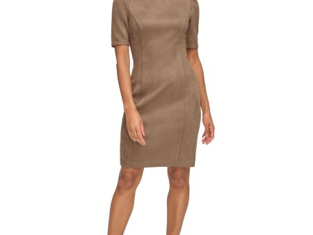 DKNY Womens Beige Zippered Faux-suede Pouf Sleeve Round Neck Above The Knee Wear To Work Sheath Dress Online Hot Sale