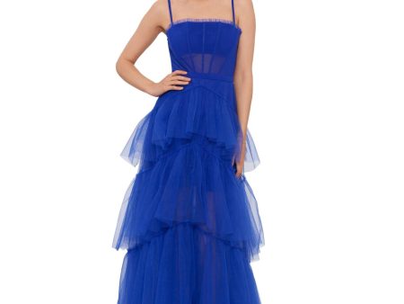 BETSY & ADAM Womens Blue Mesh Zippered Lined Corset-style Bodice Tiered Skirt Spaghetti Strap Square Neck Full-Length Prom Gown Dress Hot on Sale