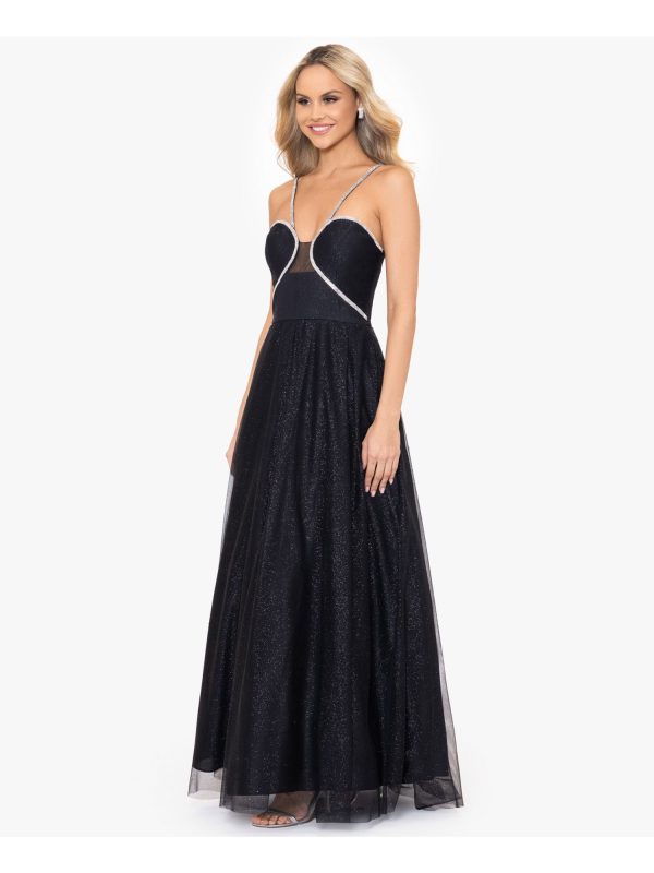 BLONDIE NITES Womens Black Zippered Lined Rhinestone Trim Padded Cups Spaghetti Strap Sweetheart Neckline Full-Length Prom Gown Dress Fashion