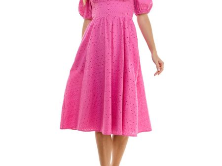 CITY STUDIO Womens Pink Eyelet Lined Front Button Closure Pouf Sleeve V Neck Midi Party Fit + Flare Dress Fashion