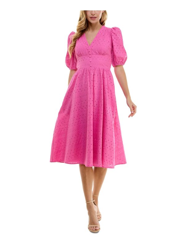 CITY STUDIO Womens Pink Eyelet Lined Front Button Closure Pouf Sleeve V Neck Midi Party Fit + Flare Dress Fashion