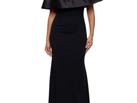 BETSY & ADAM Womens Black Ruched Zippered Ruffled Lined Flutter Sleeve Off Shoulder Full-Length Formal Gown Dress Hot on Sale