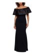 BETSY & ADAM Womens Black Ruched Zippered Ruffled Lined Flutter Sleeve Off Shoulder Full-Length Formal Gown Dress Hot on Sale