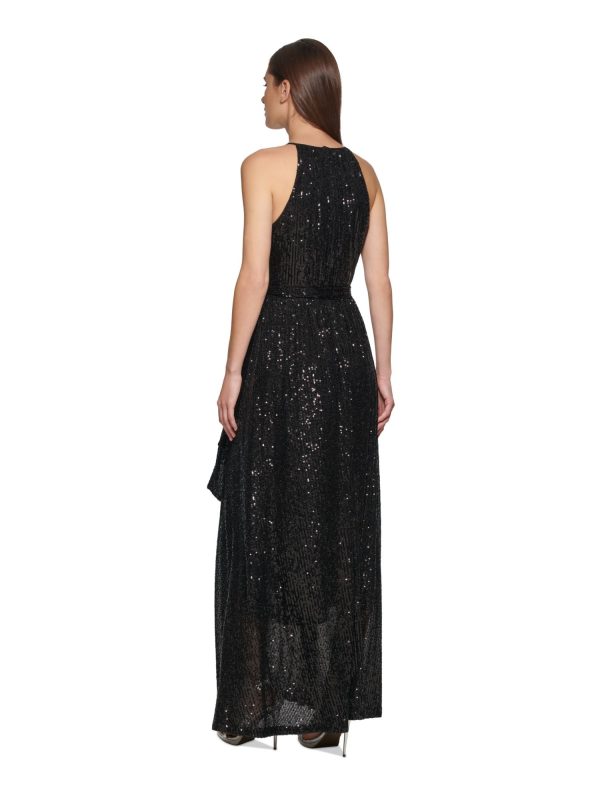 DKNY Womens Black Sequined Zippered Tie-belt Sleeveless Halter Maxi Party Gown Dress For Discount