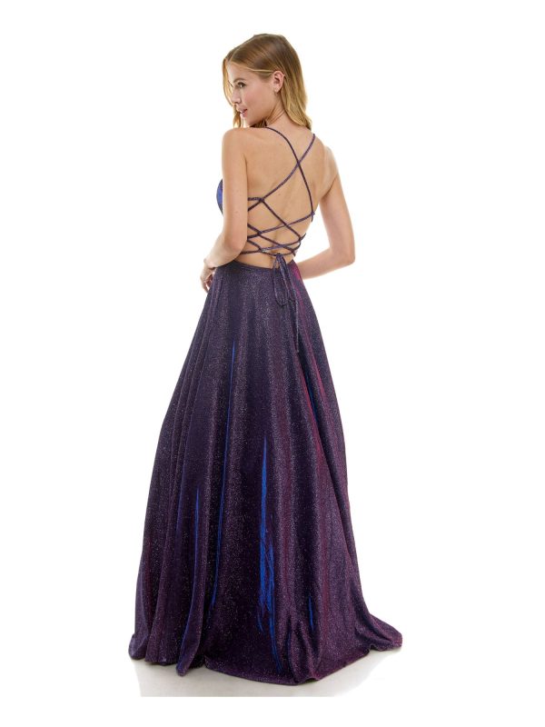 CITY STUDIO Womens Purple Zippered Lined Lace Up Glitter Padded Ombre Spaghetti Strap V Neck Full-Length Formal Gown Dress Online Hot Sale