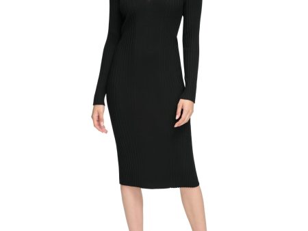 CALVIN KLEIN Womens Black Cut Out Ribbed Pullover Long Sleeve V Neck Below The Knee Party Sweater Dress Online Sale