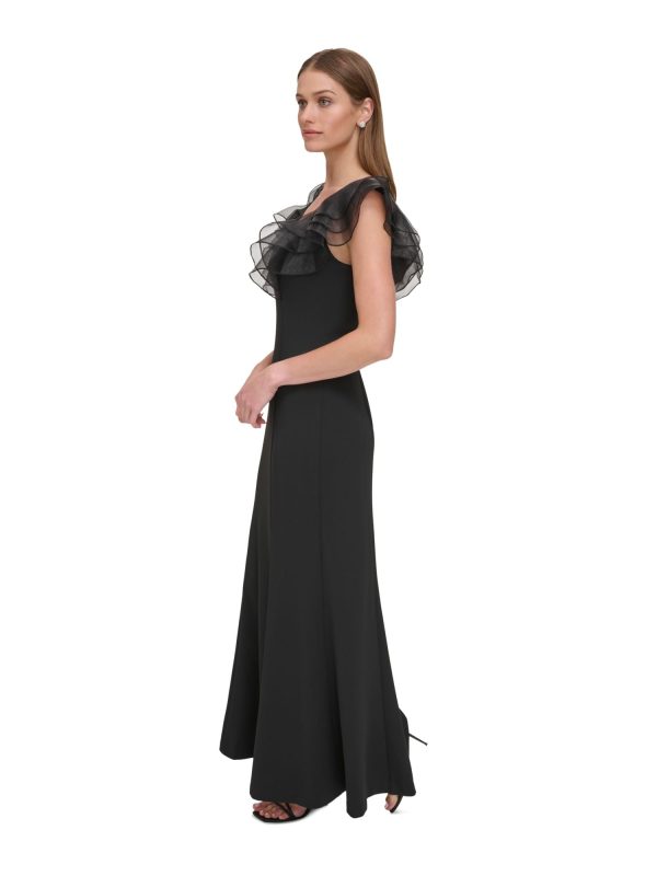 DKNY Womens Black Zippered Tiered Ruffled Organza Sleeves Square Neck Maxi Evening Gown Dress Discount