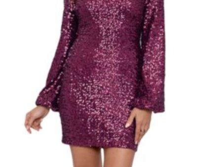 BETSY & ADAM Womens Burgundy Sequined Zippered Back Keyhole Lined Balloon Sleeve Round Neck Above The Knee Cocktail Sheath Dress Online now