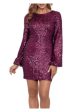 BETSY & ADAM Womens Burgundy Sequined Zippered Back Keyhole Lined Balloon Sleeve Round Neck Above The Knee Cocktail Sheath Dress Online now