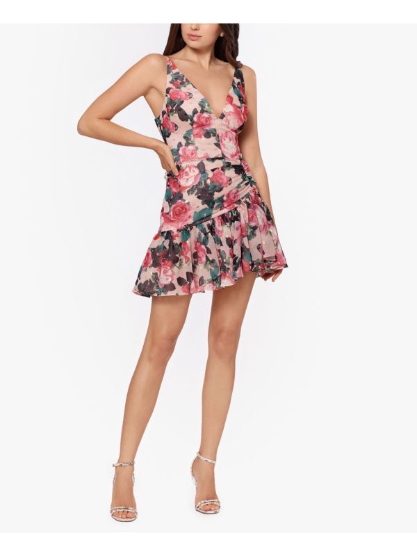 BLONDIE Womens Pink Pleated Ruched Side Floral Sleeveless V Neck Short Party Fit + Flare Dress Sale