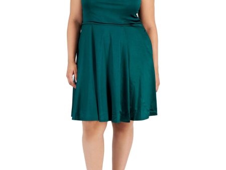 EMERALD SUNDAE Womens Green Zippered Pocketed Crisscross Straps Spaghetti Strap Cowl Neck Above The Knee Party Fit + Flare Dress Sale