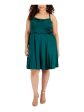 EMERALD SUNDAE Womens Green Zippered Pocketed Crisscross Straps Spaghetti Strap Cowl Neck Above The Knee Party Fit + Flare Dress Sale