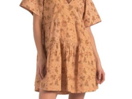 ELAN Womens Orange Printed Short Sleeve V Neck Mini Shift Dress Sale