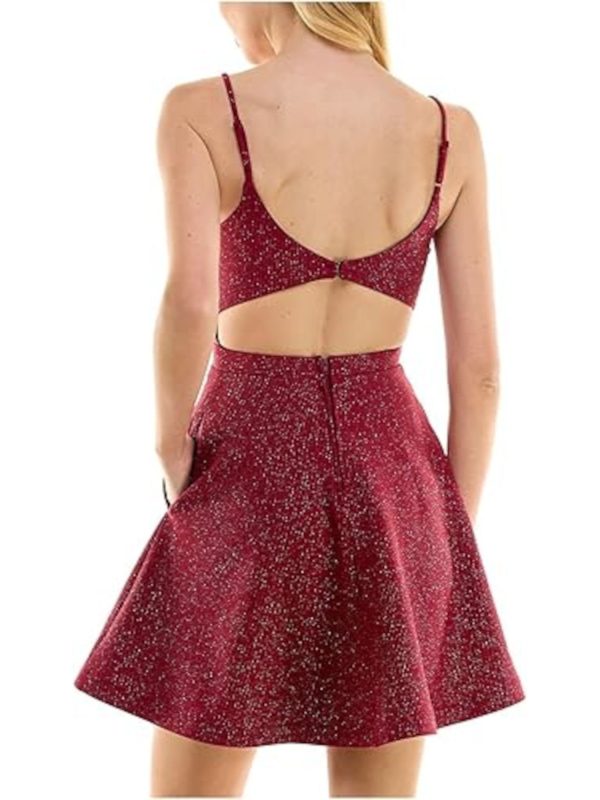 CITY STUDIO Womens Burgundy Metallic Zippered Pocketed Open Back Adjustable Pinstripe Spaghetti Strap Sweetheart Neckline Short Party Fit + Flare Dress For Sale