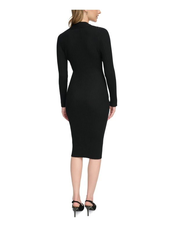 CALVIN KLEIN Womens Black Cut Out Ribbed Pullover Long Sleeve V Neck Below The Knee Party Sweater Dress Online Sale