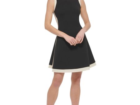 DKNY Womens Black Zippered Unlined Contrast Trim Color Block Sleeveless Crew Neck Above The Knee Fit + Flare Dress Online