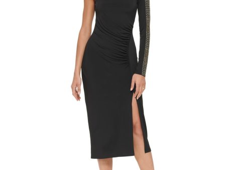 GUESS Womens Black Embellished Ruched High Slit Lined Long Sleeve Asymmetrical Neckline Midi Cocktail Sheath Dress Online