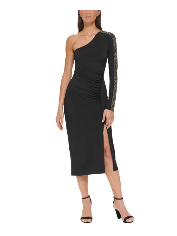 GUESS Womens Black Embellished Ruched High Slit Lined Long Sleeve Asymmetrical Neckline Midi Cocktail Sheath Dress Online