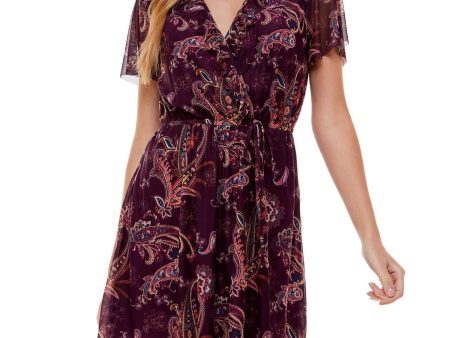 CITY STUDIO Womens Stretch Ruffled Paisley Flutter Sleeve Surplice Neckline Mini Fit + Flare Dress Fashion