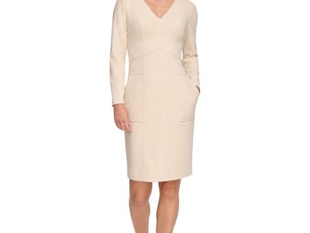 DKNY Womens Beige Zippered Pocketed Banded Waist Long Sleeve V Neck Above The Knee Wear To Work Sheath Dress Online now