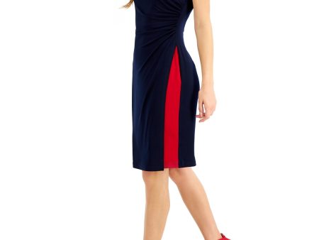 CONNECTED APPAREL Womens Black Stretch Ruched Color Block Cap Sleeve Scoop Neck Above The Knee Party Fit + Flare Dress Discount