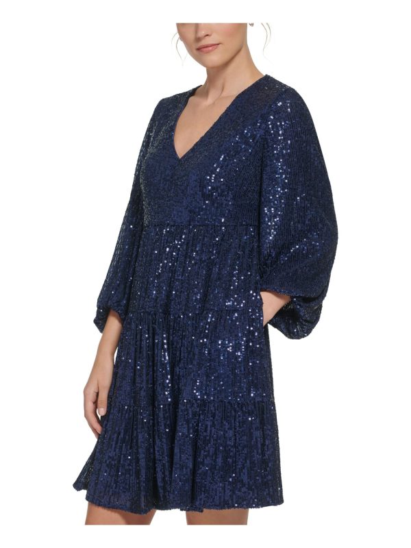 ELIZA J Womens Navy Sequined Zippered Tiered Skirt Lined Balloon Sleeve V Neck Short Party Fit + Flare Dress Online now