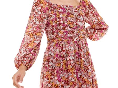 CRYSTAL DOLLS Womens Maroon Stretch Zippered Smocked Ruched Bodice Chiffon Lined Floral Long Sleeve Square Neck Short Fit + Flare Dress Online now