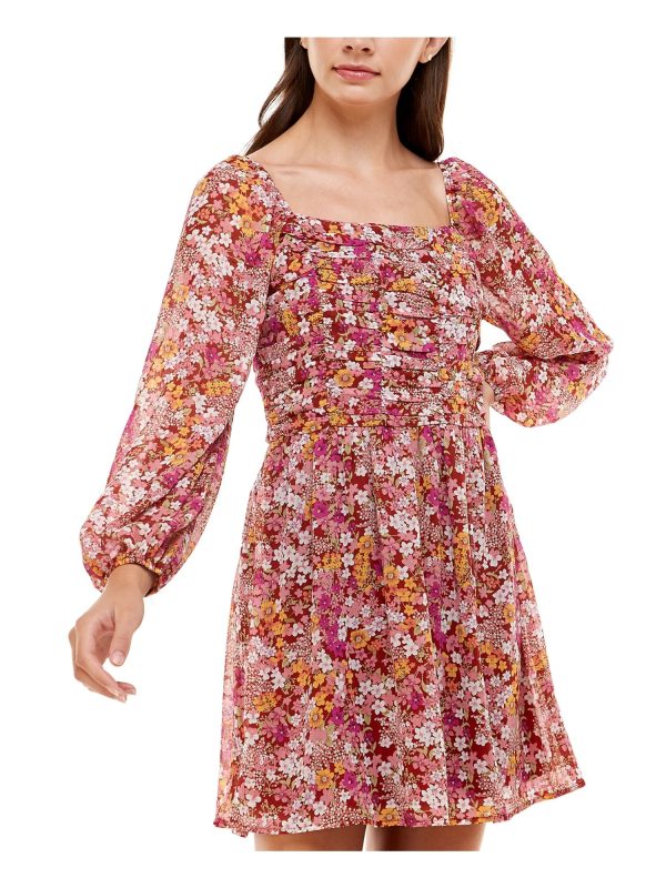 CRYSTAL DOLLS Womens Maroon Stretch Zippered Smocked Ruched Bodice Chiffon Lined Floral Long Sleeve Square Neck Short Fit + Flare Dress Online now