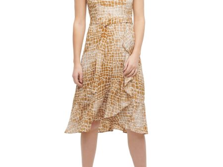 CALVIN KLEIN Womens Brown Ruffled Printed Sleeveless Crew Neck Tea-Length Fit + Flare Dress Online