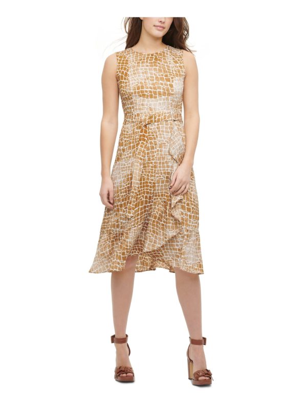 CALVIN KLEIN Womens Brown Ruffled Printed Sleeveless Crew Neck Tea-Length Fit + Flare Dress Online