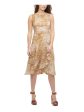 CALVIN KLEIN Womens Brown Ruffled Printed Sleeveless Crew Neck Tea-Length Fit + Flare Dress Online