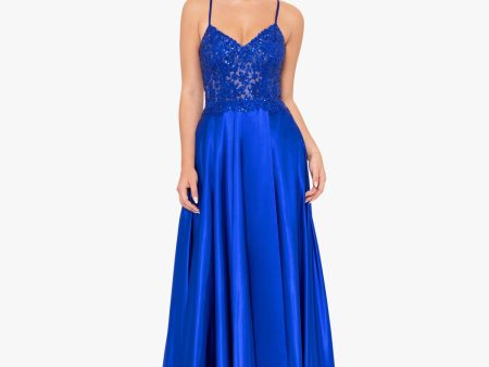 BLONDIE NITES Womens Blue Zippered Pocketed Lace-up Back Faux-wrap Skirt Spaghetti Strap V Neck Full-Length Prom Gown Dress Fashion