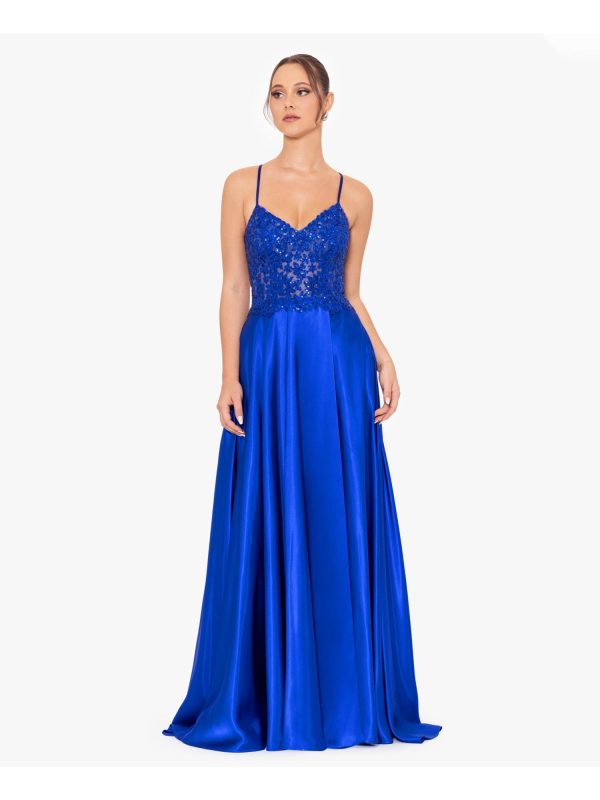 BLONDIE NITES Womens Blue Zippered Pocketed Lace-up Back Faux-wrap Skirt Spaghetti Strap V Neck Full-Length Prom Gown Dress Fashion