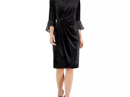 CONNECTED APPAREL Womens Black Pleated Draped Skirt Flounce Cuffs 3 4 Sleeve Jewel Neck Knee Length Party Sheath Dress on Sale