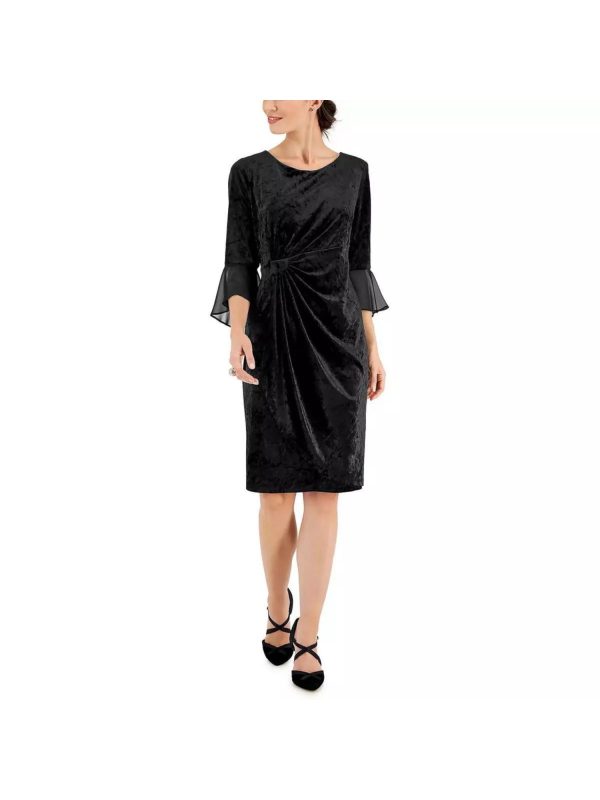 CONNECTED APPAREL Womens Black Pleated Draped Skirt Flounce Cuffs 3 4 Sleeve Jewel Neck Knee Length Party Sheath Dress on Sale