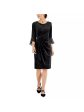 CONNECTED APPAREL Womens Black Pleated Draped Skirt Flounce Cuffs 3 4 Sleeve Jewel Neck Knee Length Party Sheath Dress on Sale