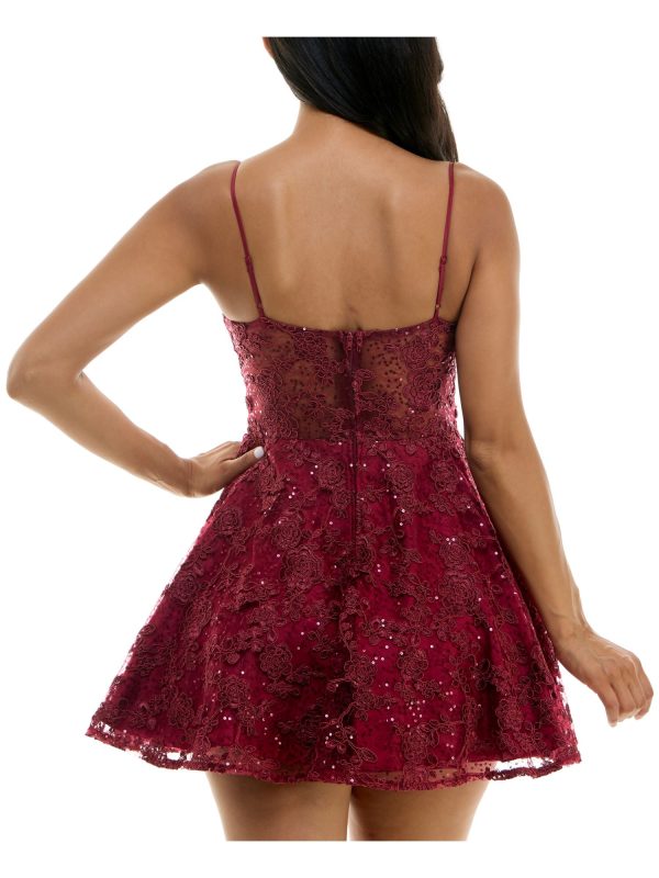 B DARLIN Womens Maroon Sequined Zippered Corset Bodice Padded Cups Spaghetti Strap Scoop Neck Short Party Fit + Flare Dress Online