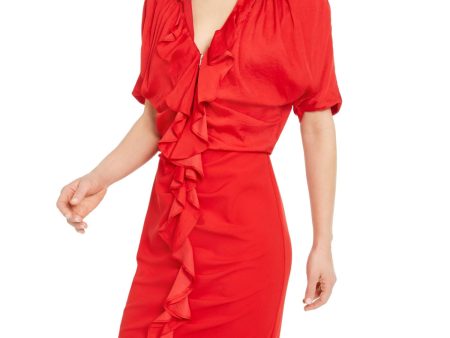 INC Womens Red Ruffled Ruched Dolman Sleeve V Neck Short Evening Body Con Dress For Cheap