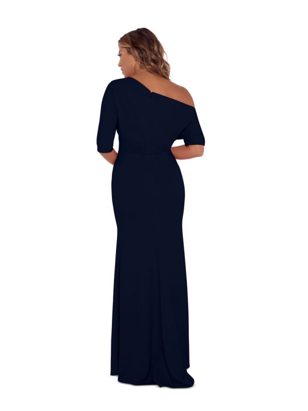 BETSY & ADAM Womens Navy Gathered Zippered Lined Elbow Sleeve Asymmetrical Neckline Full-Length Evening Gown Dress Online