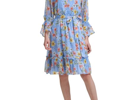 CALVIN KLEIN Womens Blue Ruffled Tie Chiffon Flared Cuffs Floral Keyhole Knee Length Party Fit + Flare Dress Fashion