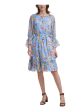 CALVIN KLEIN Womens Blue Ruffled Tie Chiffon Flared Cuffs Floral Keyhole Knee Length Party Fit + Flare Dress Fashion