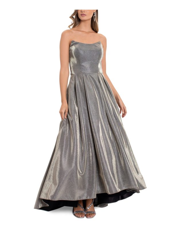 BETSY & ADAM Womens Silver Pocketed Zippered Tulle Pleated Boning Hi Lo Hem Sleeveless Strapless Full-Length Formal Gown Dress Discount