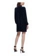 CALVIN KLEIN Womens Navy Stretch Zippered Gathered Velvet Lined Polka Dot Long Sleeve Tie Neck Short Party Shift Dress Fashion