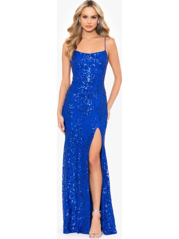 BLONDIE NITES Womens Blue Zippered Slitted Lace-up Cutout Back Lined Spaghetti Strap Sweetheart Neckline Full-Length Prom Gown Dress Fashion